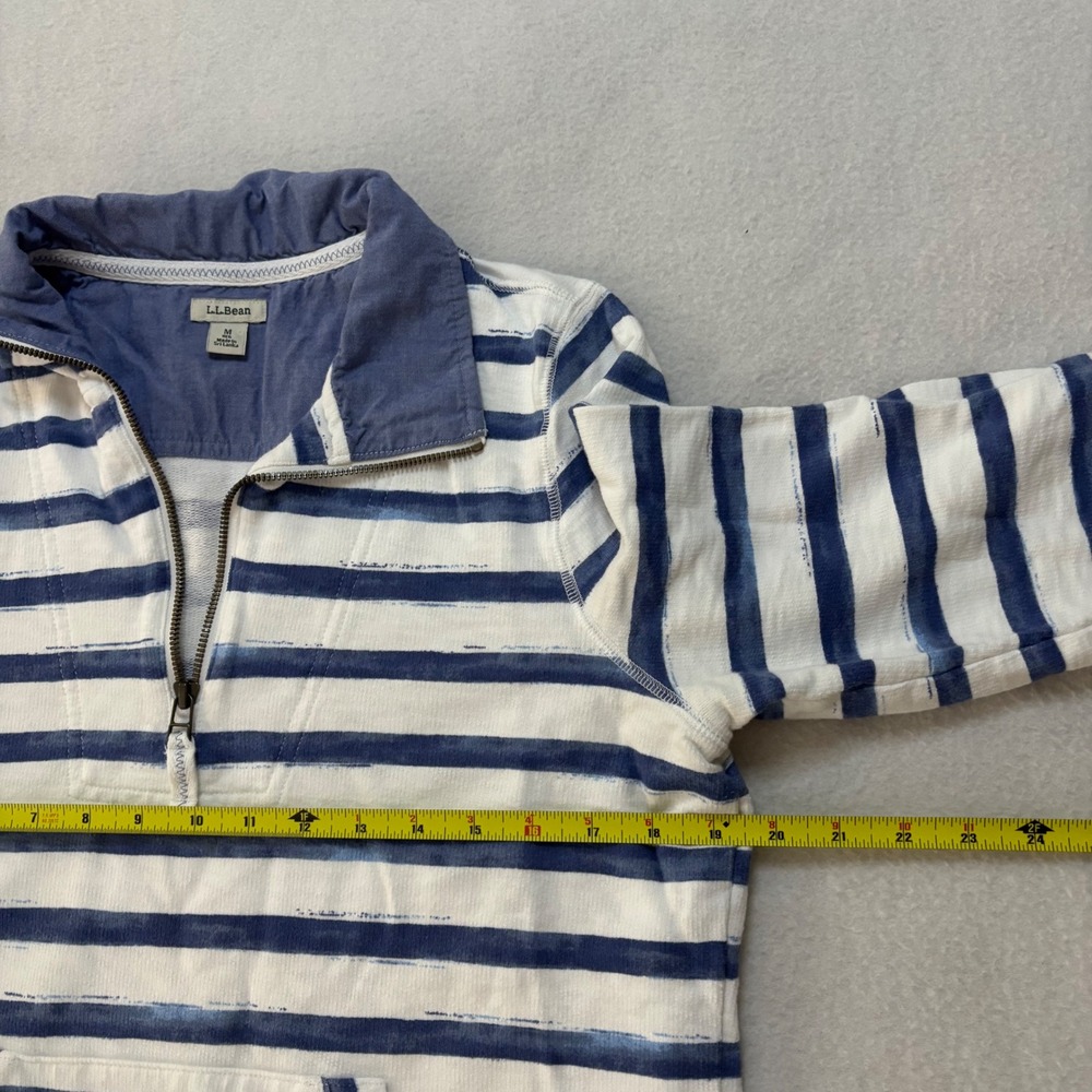 L.L. Bean Mens Organic Cotton Quarter Zip Pullover Blue White Striped M 514019 - Picture 7 of 7